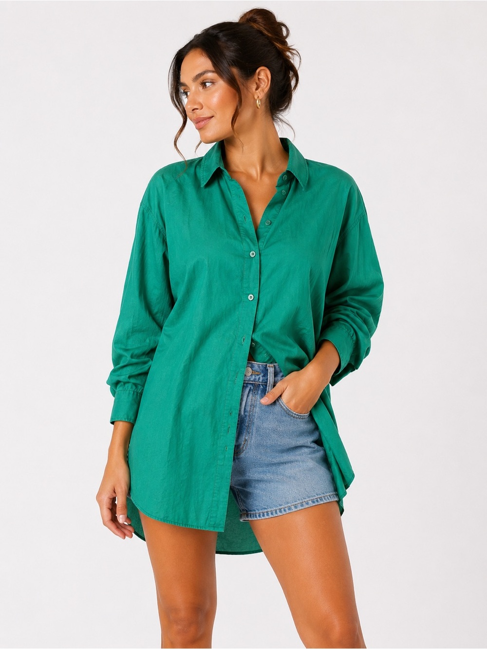 Sundeh Emerald Green Button Up Shirt Oversized Minimalist Cotton Casual M